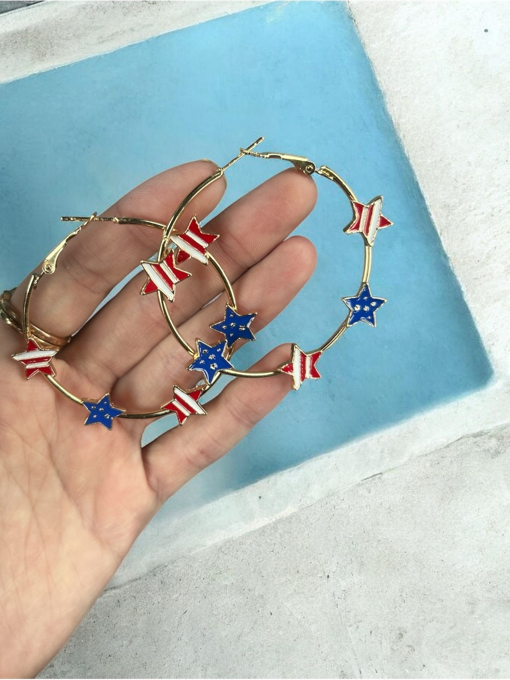 Red White & Blue Festive Gold Hoop Earrings